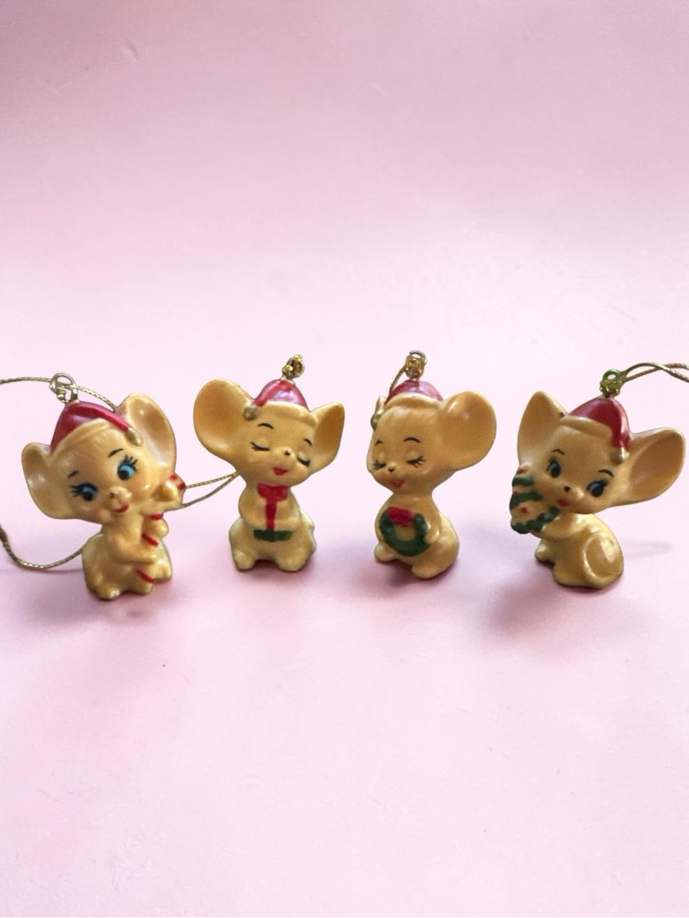 VTG NAPCO Ware Hard Plastic Miniature Santa Mouse Christmas Ornaments set of 3